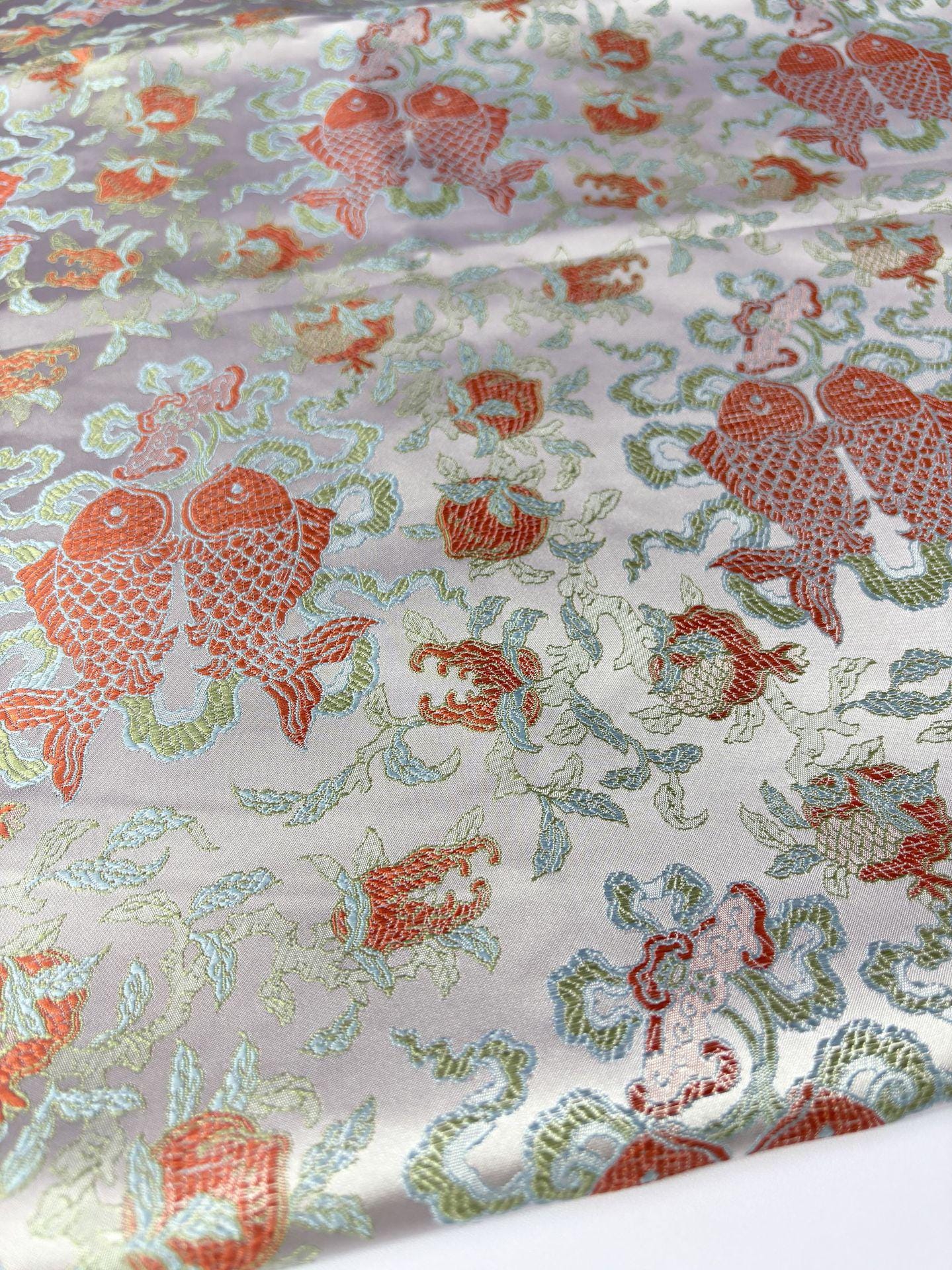 Double Fish Jacquard Satin Brocade Fabric - 57"W Antique Style