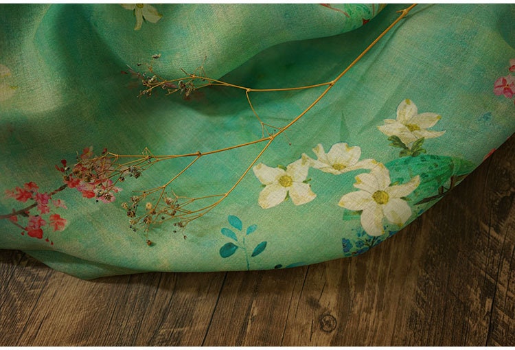 Floral Ramie Fabric: Jade Green Textile, 55" Wide
