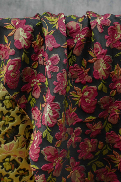 Embossed Floral Jacquard Fabric ��� Black & Pi" Wide