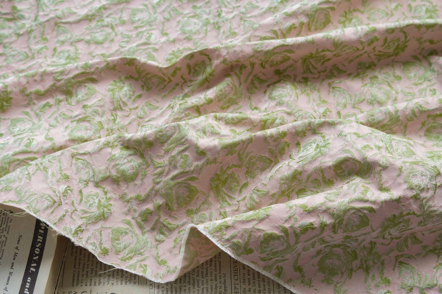 Floral Jacquard Woven Fabric: Green, Pink & Gold Reversible Upholstery - 60"W