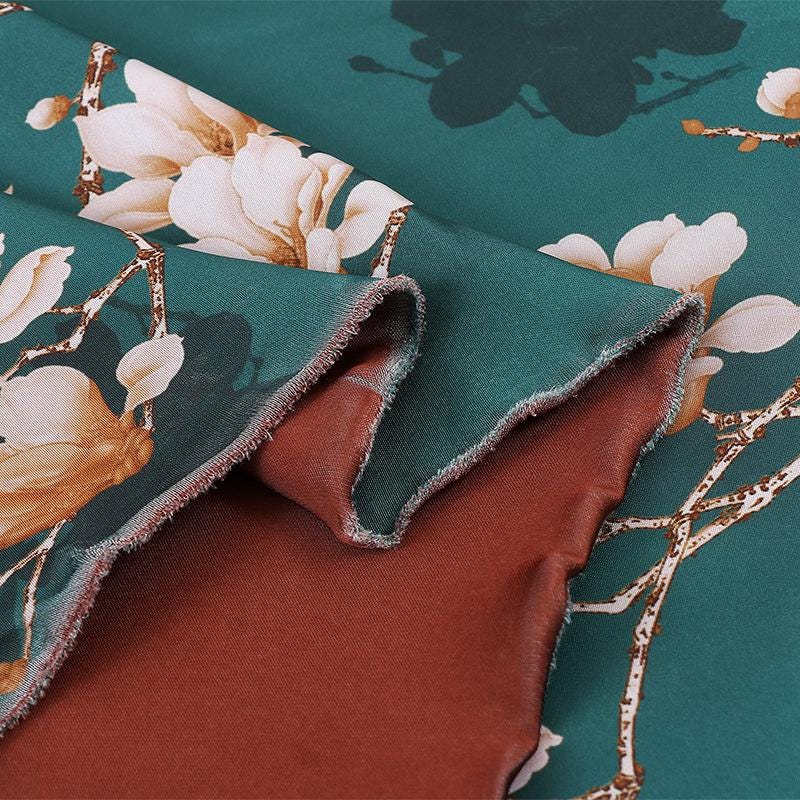Teal Lotus Tea Silk Satin Fabric: Digital Print Sewing Material (59"W)