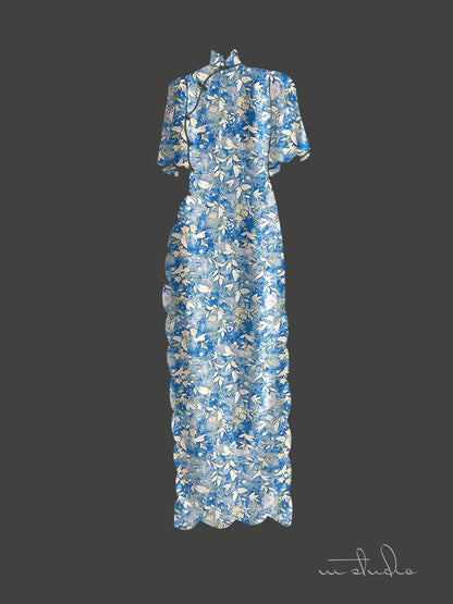 Tissu en coton à motif floral : style peinture à l’encre de Chine, 140 cm de large