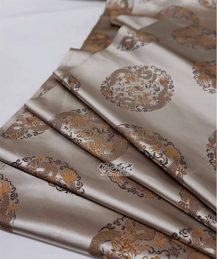 Champagne Chinese Dragon Silk Brocade Fabric: Costume & Decor, 29.5"W