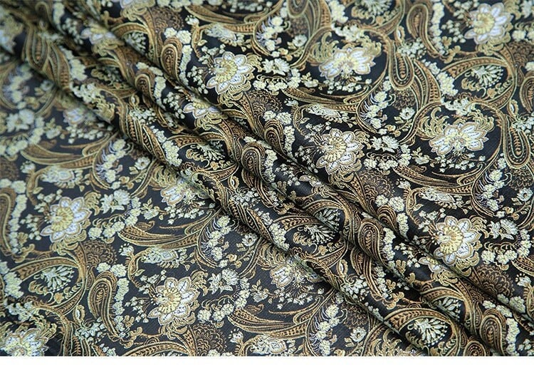Tissu brocart à motifs cachemire : mélange de rayonne et de nylon noir et blanc, 89 cm de large, décoration de costumes