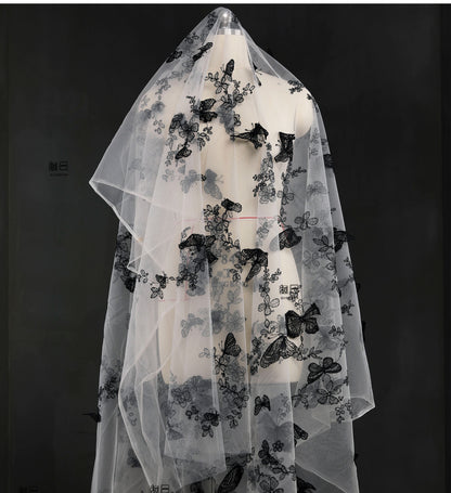 Black Embroidery Lace Fabric: 3D Butterfly Wedding Veil, Qipao, Doll Making