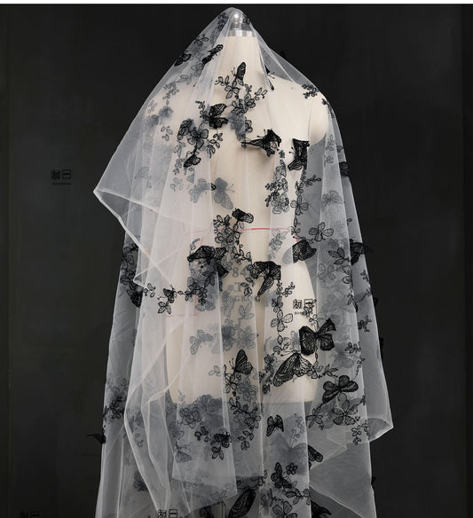 Tissu en dentelle brodée noire : voile de mariée papillon 3D, qipao, confection de poupées