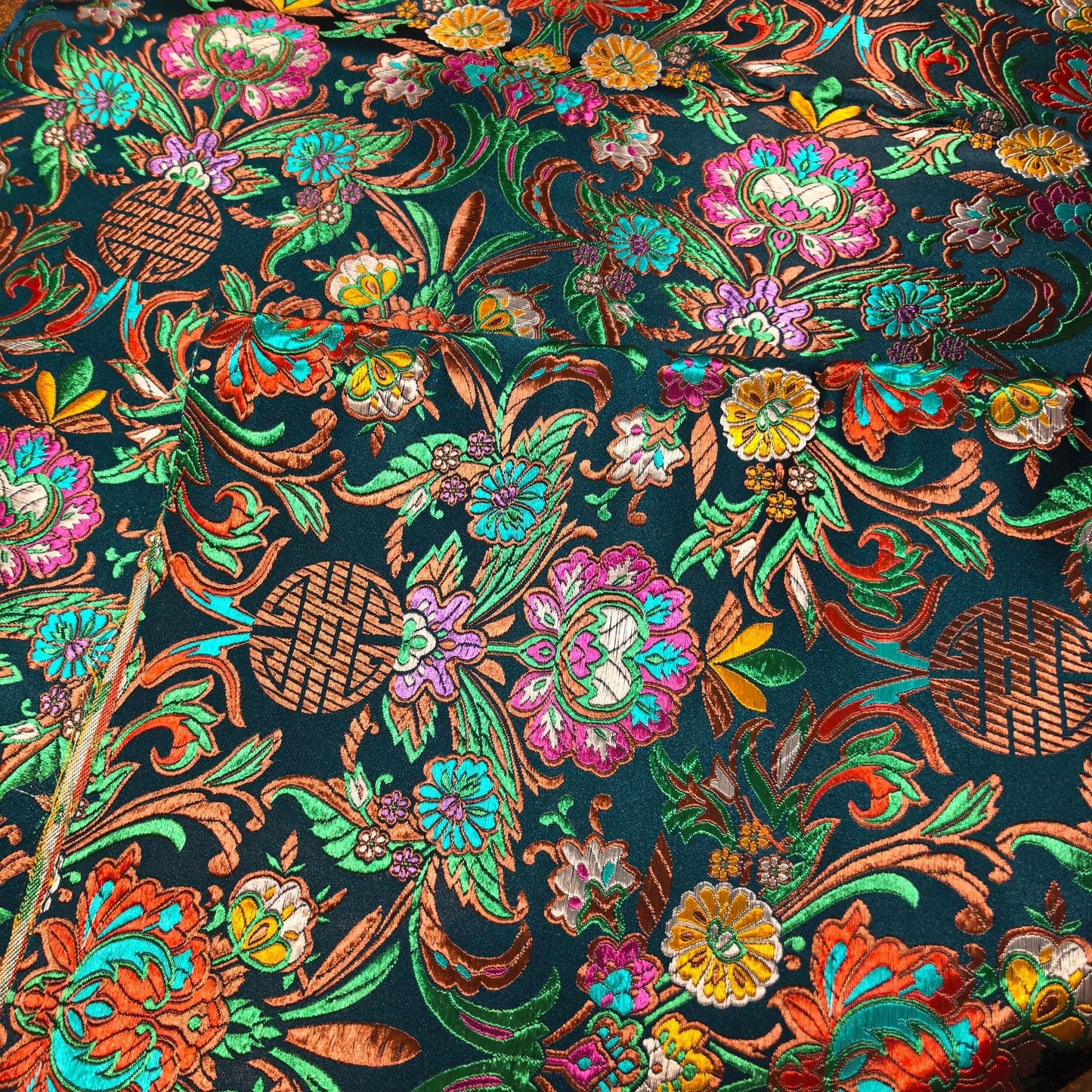 59"W Teal Jacquard Brocade Fabric ��� Longevity Peony Flower, High-Density Satin, Traditional Asian Textile for Quilting, Costumes, Home