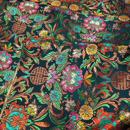 59"W Teal Jacquard Brocade Fabric ��� Longevity Peony Flower, High-Density Satin, Traditional Asian Textile for Quilting, Costumes, Home
