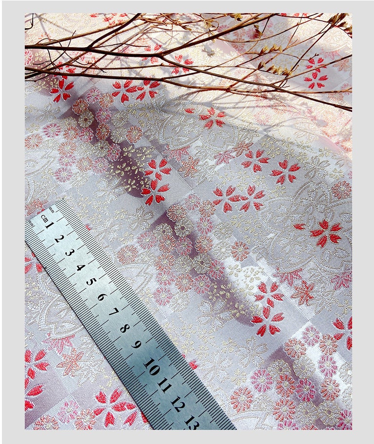Japanese Cherry Blossom Brocade Fabric: Pink Silk Kinran for Kimono, Bowknot