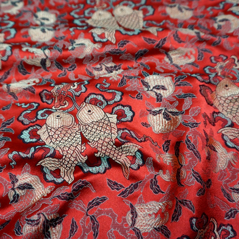 Chinese Silk Brocade Fabric: Pisces Double Fish Design, 29.5" Wide