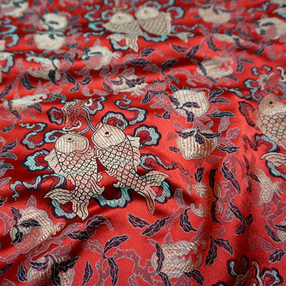 Chinese Silk Brocade Fabric: Pisces Double Fish Design, 29.5" Wide