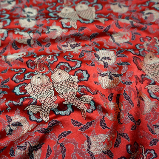 Chinese Silk Brocade Fabric: Pisces Double Fish Design, 29.5" Wide