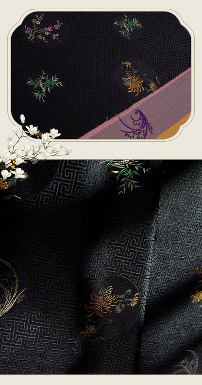 Black Chrysanthemum Brocade Fabric: Plum Bamboo Satin, 29.5"W