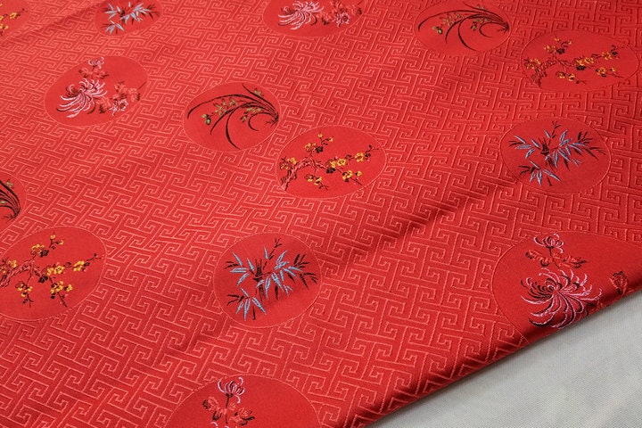 Chrysanthemum Brocade Fabric: 59" Wide Satin Silk Blend, Vintage Chinese Tapestry