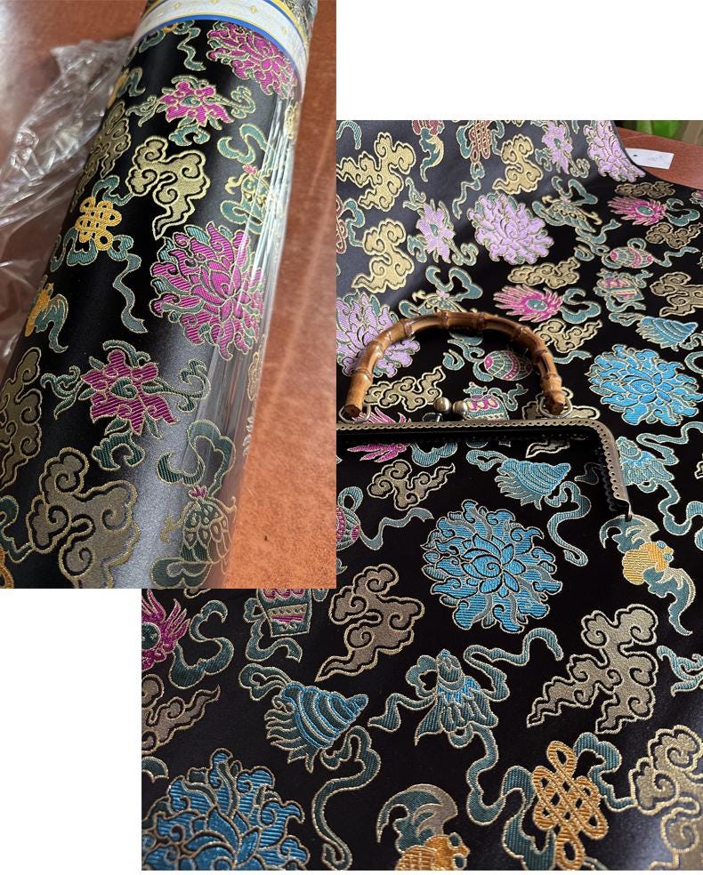 Black Brocade Jacquard Fabric: Gold Peony Floral Cloud - Oriental Dressmaking, Upholstery