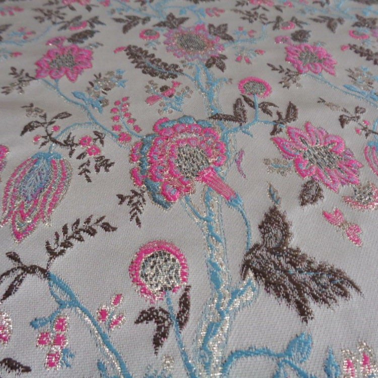 Pink & Blue Celosia Flower Gold Jacquard Fabric: 57" Wide - Poppylollipop