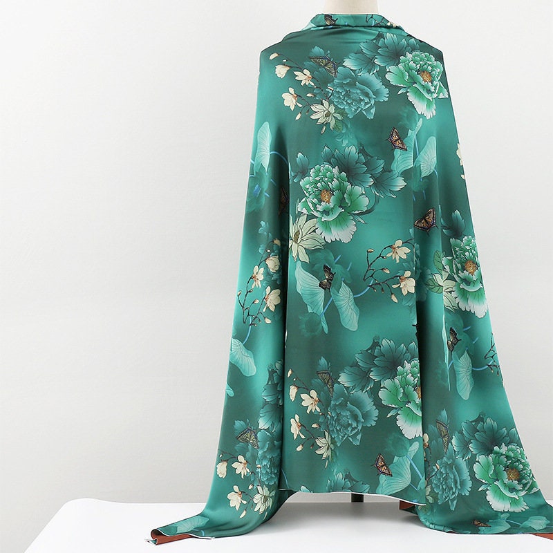 Floral Silk Damask Fabric: 59"W Digital Print Satin for Sewing