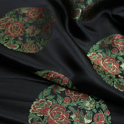 Black Floral Brocade Satin Fabric: Chinese Style (35.5" W)