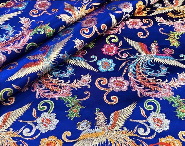 Tissu satin jacquard Phoenix Peony : brocart de soie bleu, 150 cm de large