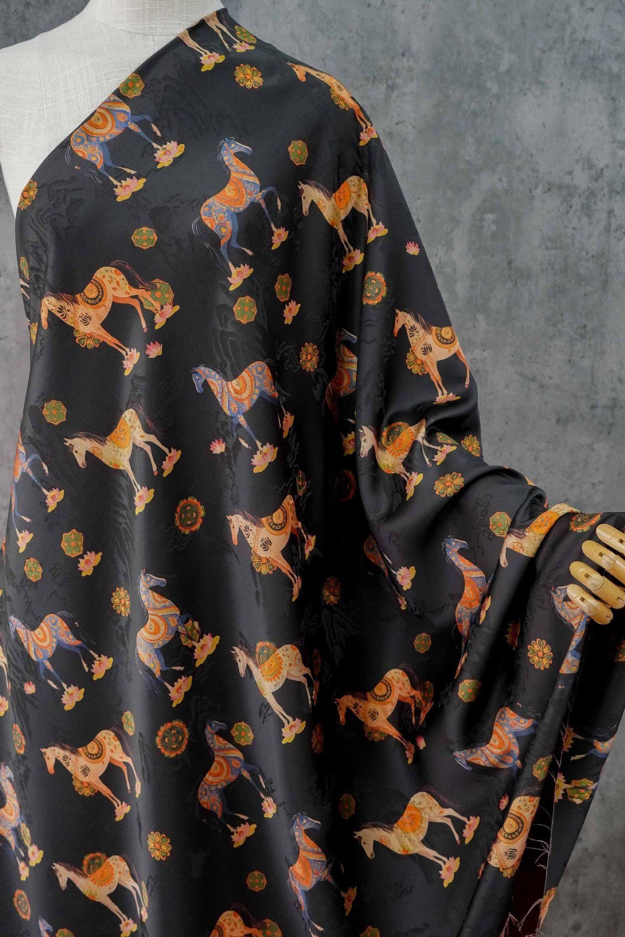 Horse Jacquard Tea Silk Fabric, Chinese Symbolic Textile, 59"W