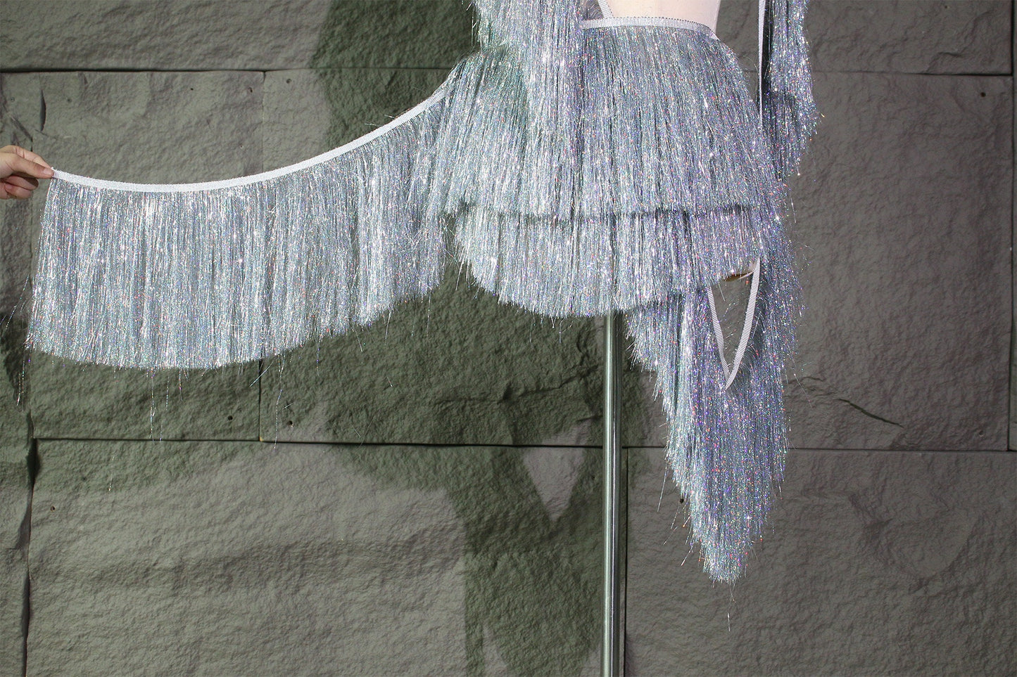 Tissu à franges argentées pour la danse : franges en polyester de 20 cm, décoration à faire soi-même