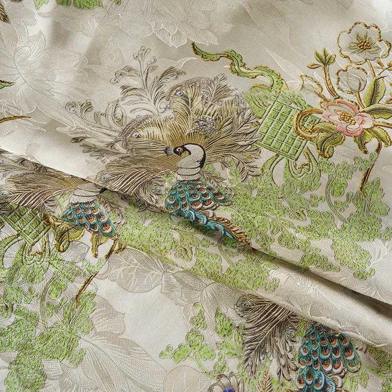 Tissu satiné de soie « Thé Paon » : Ameublement vert, costumes, rideaux (58 po L)