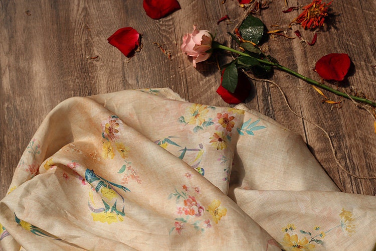 Floral Bird Print Ramie Fabric: Soft Breathable Textile, 55" Wide