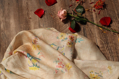 Floral Bird Print Ramie Fabric: Soft Breathable Textile, 55" Wide