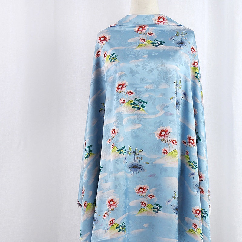 Floral Tea Silk Satin Fabric - 59"W Digital Print