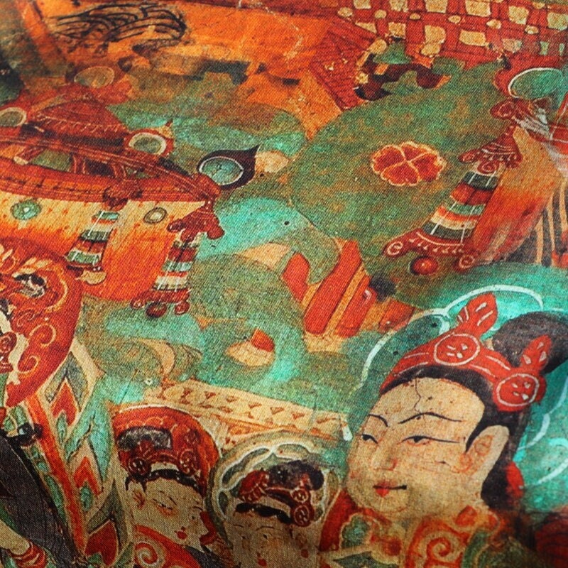 Dunhuang Murals Linen Fabric: Asian Style Upholstery & Sewing, 55"W