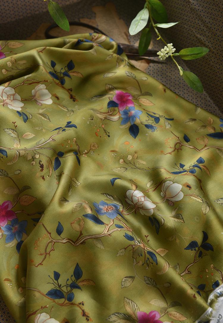 Floral Cotton Fabric: Green Ancient Ink Painting, 55"W
