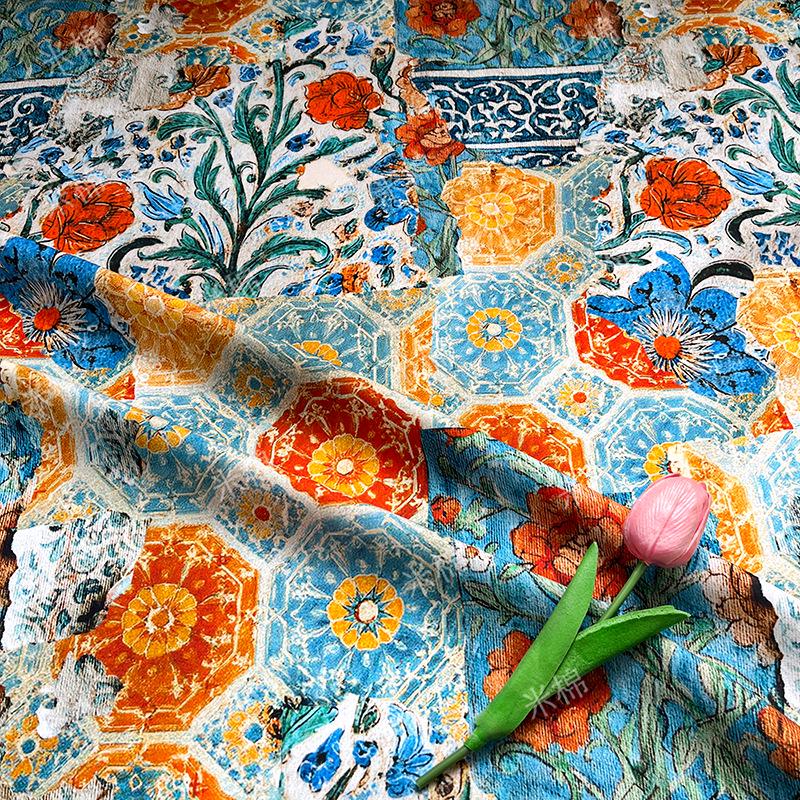 Persian Floral Cotton Fabric: Enamel Style Print, Quilting & Dressmaking, 55" Wide