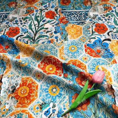 Persian Floral Cotton Fabric: Enamel Style Print, Quilting & Dressmaking, 55" Wide