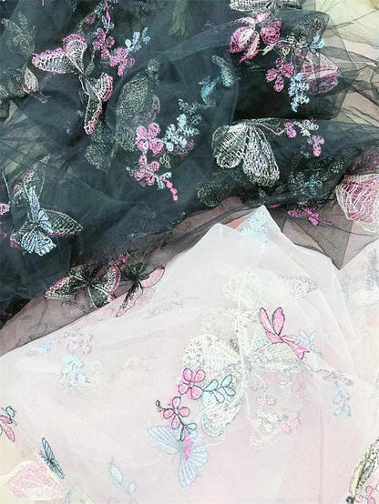 Embroidered Butterfly Lace Fabric: Sequin Tulle Mesh, 59" Wide