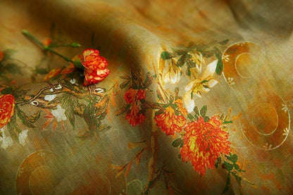 Tissu ramie peint à l'encre de Dunhuang : motif floral, 145 cm de large
