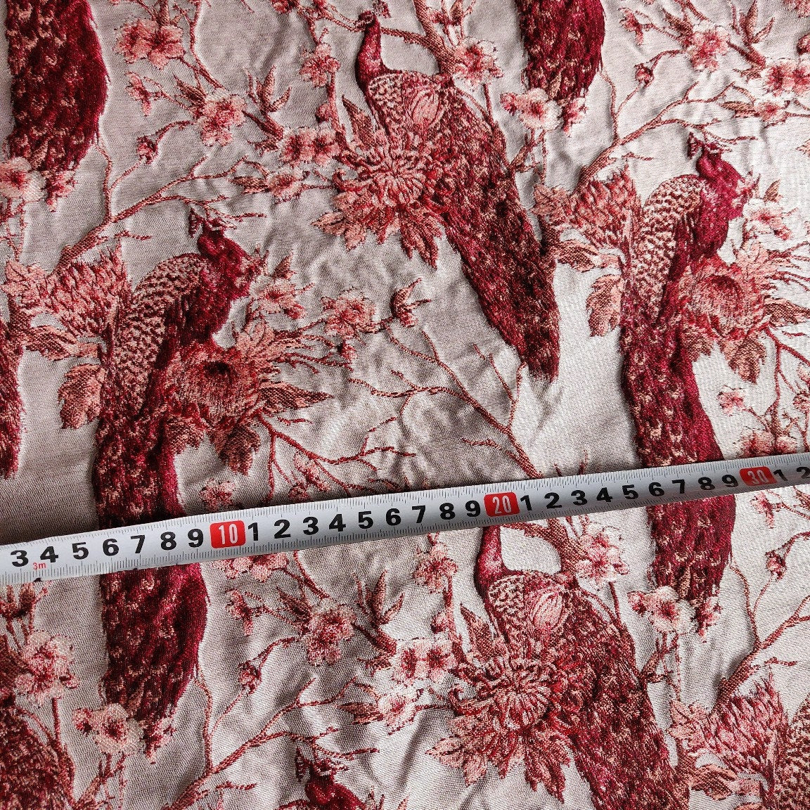 Red Peacock Jacquard Fabric: Embossed Woven Upholstery, Costume, Decor - 56"W