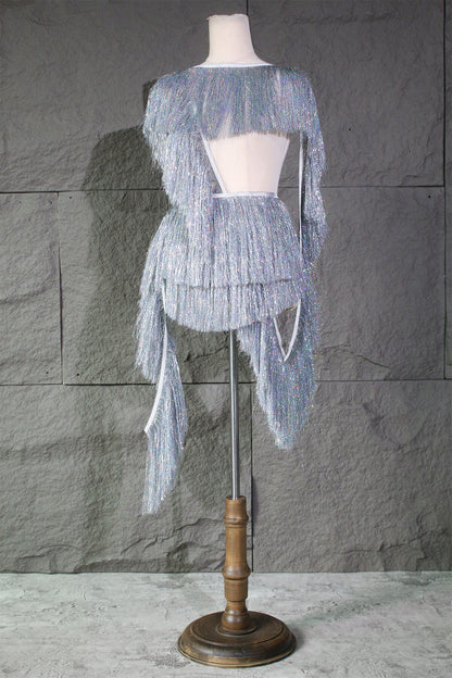 Tissu à franges argentées pour la danse : franges en polyester de 20 cm, décoration à faire soi-même