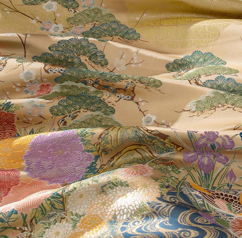 Nishijin Weave Fabric: Japanese Mandarin Duck & Floral Pattern (By The Meter)