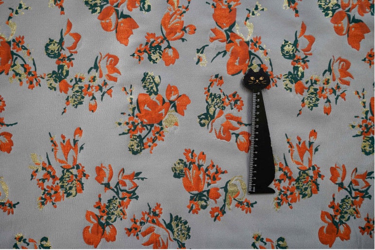 Gold Thread Jacquard Fabric: 3D Oil Painting Texture, Orange Floral (57"W)