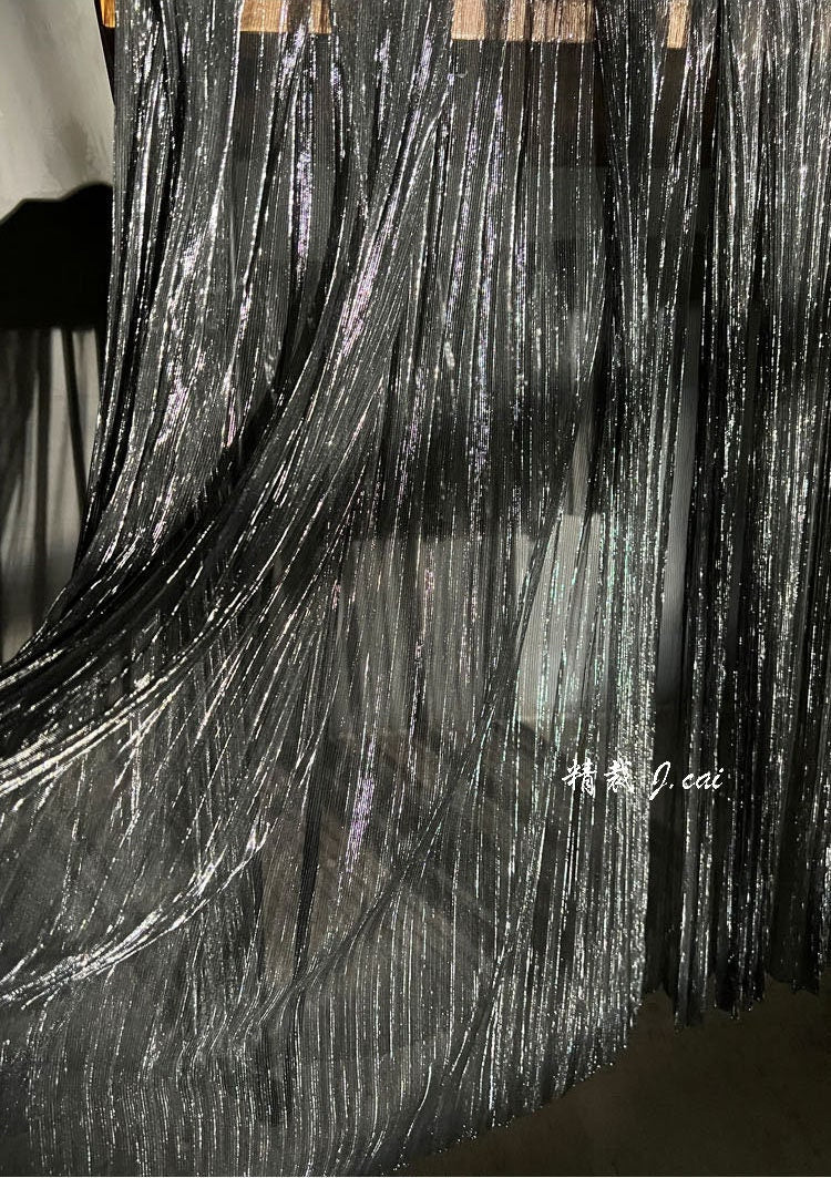Tissu en maille plissée transparente à paillettes, 150 cm de large, fil doré et argenté