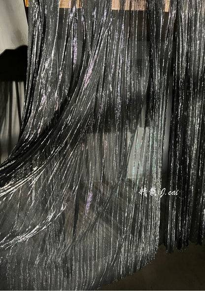 Tissu en maille plissée transparente à paillettes, 150 cm de large, fil doré et argenté