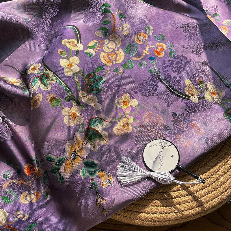 Purple Mist Jacquard Xiangyun Rayon Silk Fabric ��� Handwoven Floral Brocade for Dress, Gown, Wedding, Craft, DIY Sewi"W