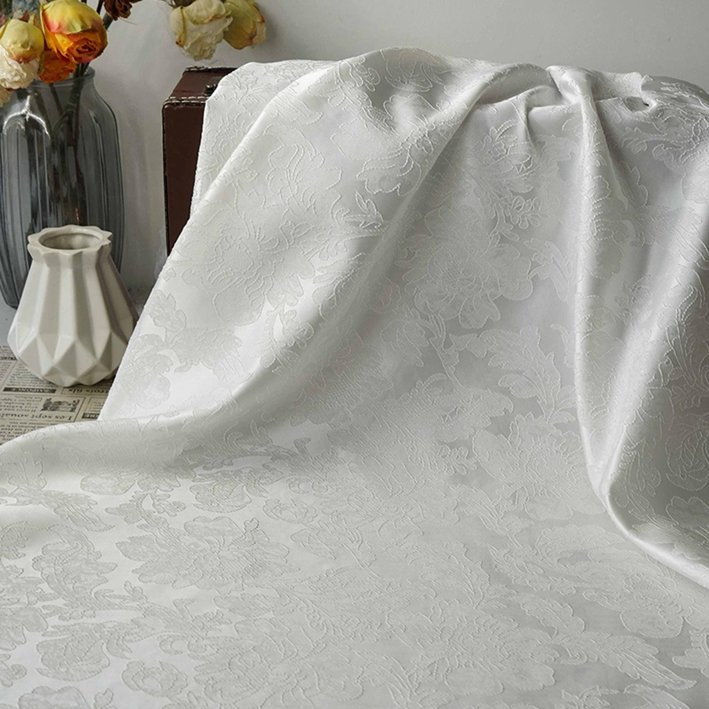 Pure white floral jacquard with subtle embossed patterns, Sewing, Upholstery, 61"Wide