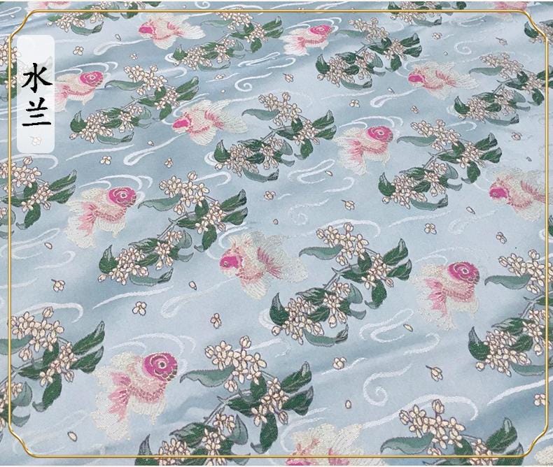Aqua Blue Goldfish Silk Brocade Fabric: 59"W Emperor Robe, Cheongsam