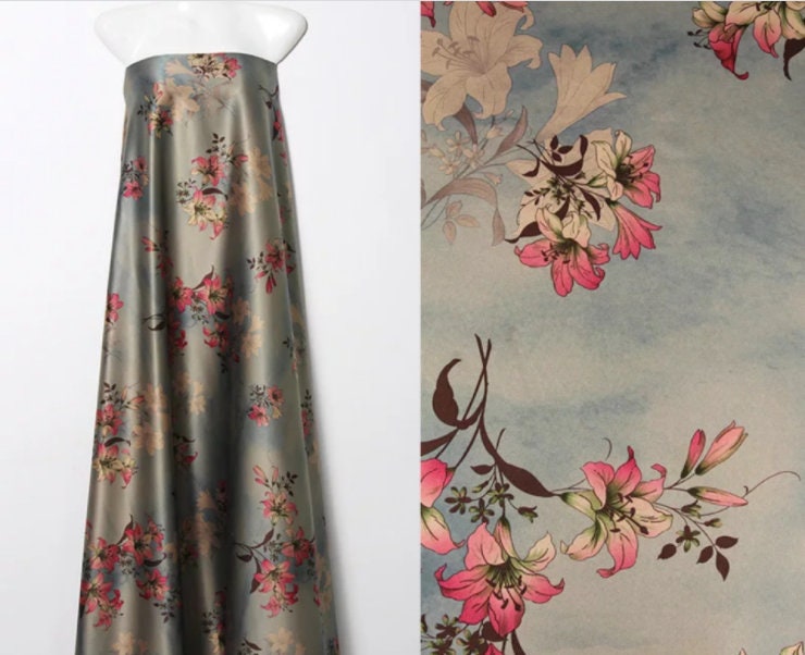 Lily Print Silk Satin Fabric: Gambiered Canton Gauze, 59" Wide