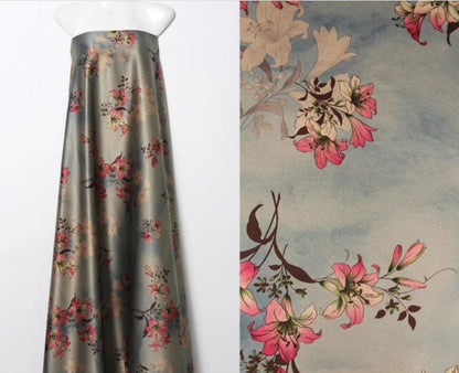 Lily Print Silk Satin Fabric: Gambiered Canton Gauze, 59" Wide