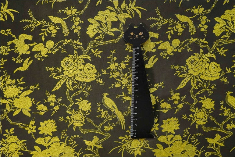 Black Gold Chinese Brocade Fabric Wild Bird and Azalea Cushion cover, pillow case, cheongsam, Qipao, Upholstery, Costume, bag, Sewing/Fabric