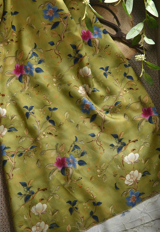 Floral Cotton Fabric: Green Ancient Ink Painting, 55"W