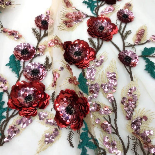 Tissu en dentelle à sequins floraux : broderie 3D, 122 cm de large