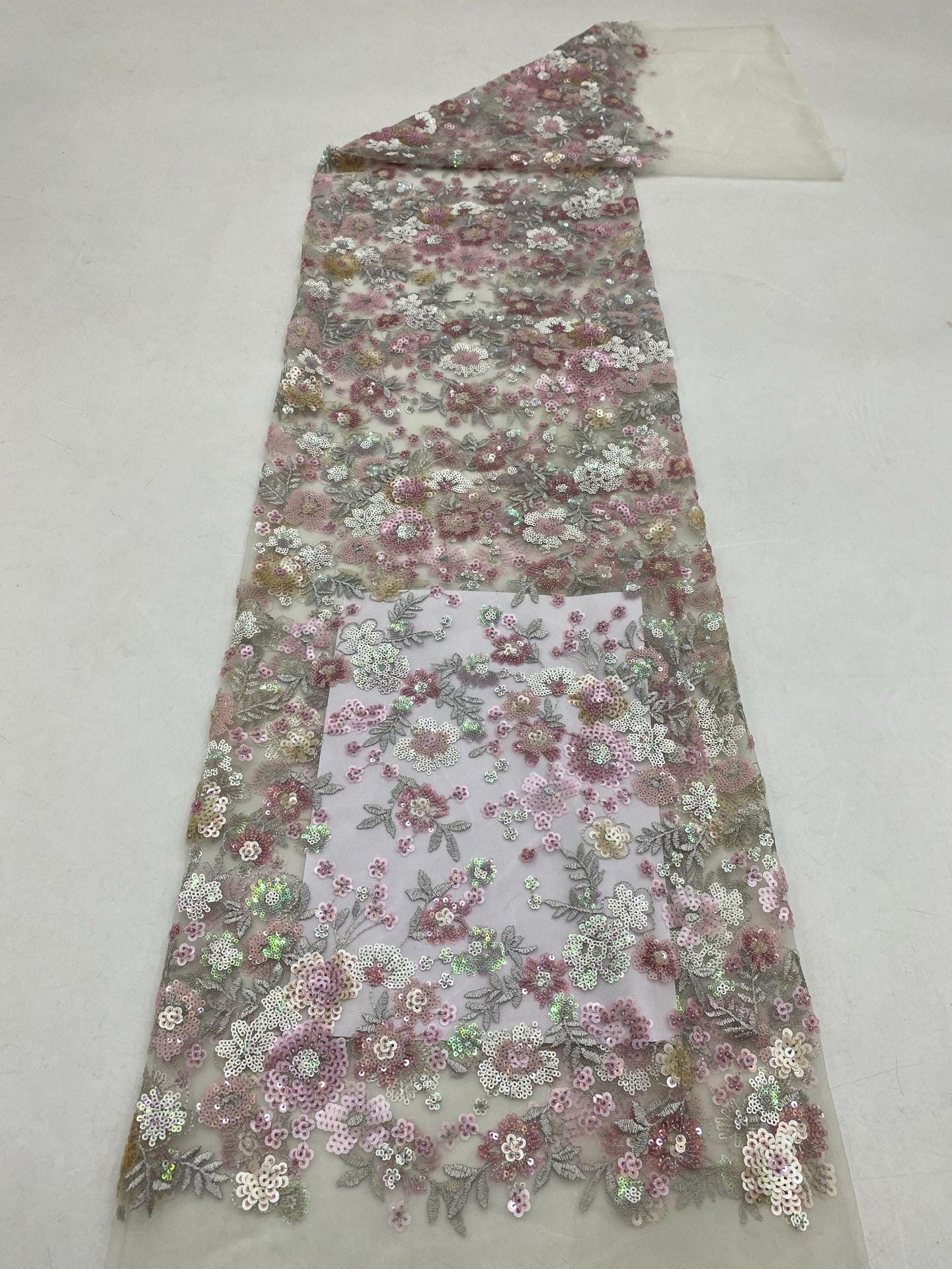 Floral Sequin Embroidered Mesh Lace Fabric, Pink Girly Dress, 49"W